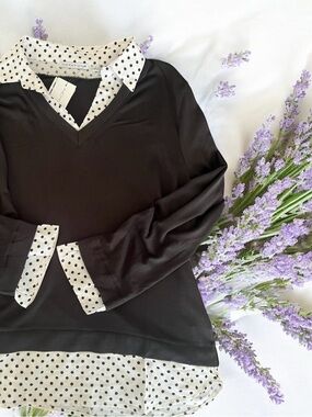 Notations Black Layered V-Neck Top with White Polka Dot Trim
